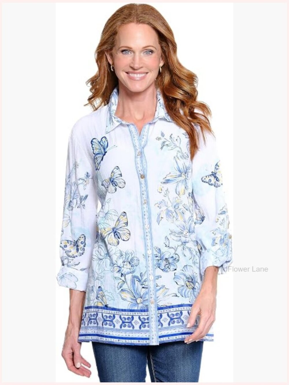 Embroidered Blouse with Roll Tab Sleeves, Collared Neck